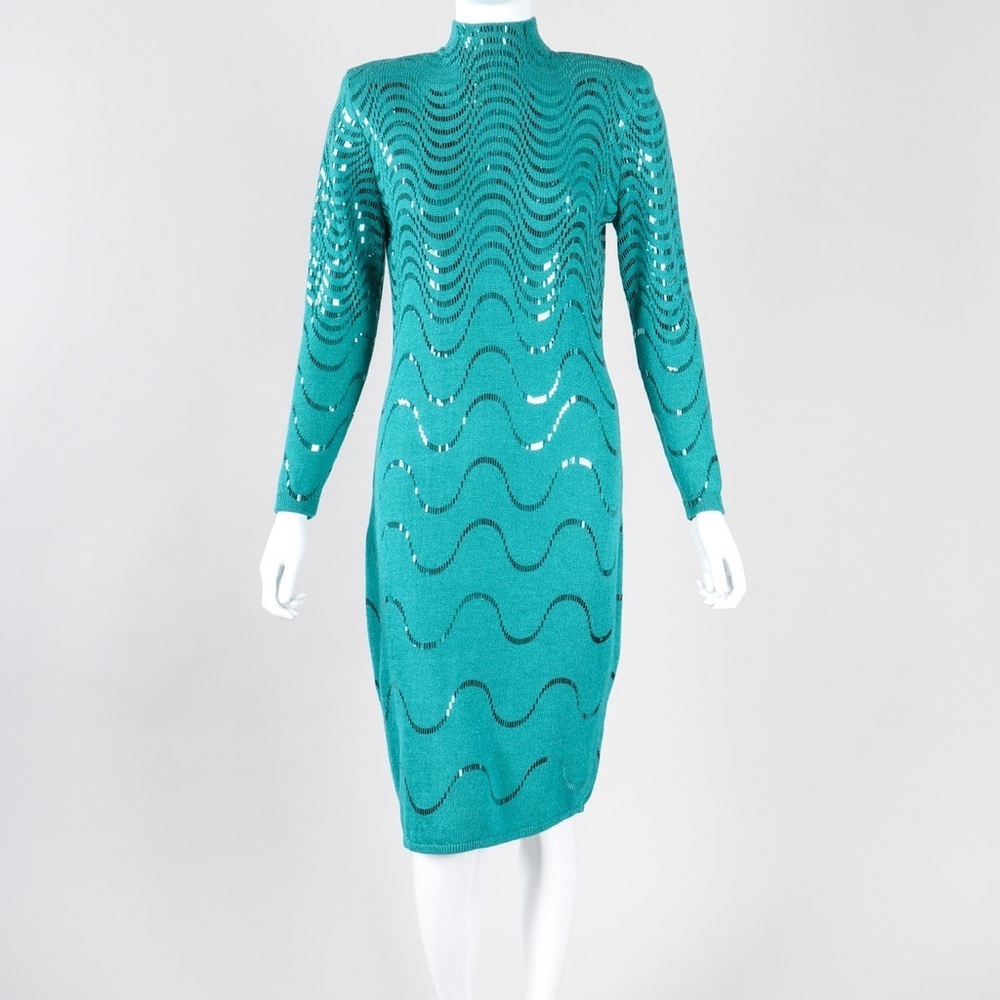 St. John By Marie Gray Metallic Waves Long-Sleeve Santana Knit Dress Turquoise